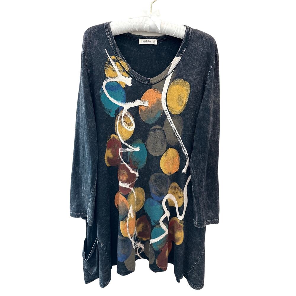 JESS & JANE Abstract Art Tunic Top Gray Cotton Mineral Wash Pocket Tee Medium